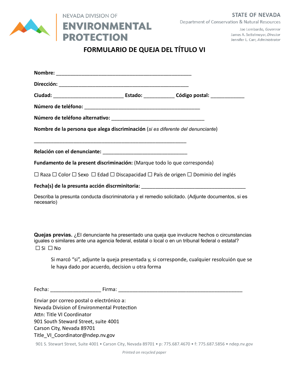 Formulario De Queja Del Titulo Vi - Nevada (Spanish), Page 1