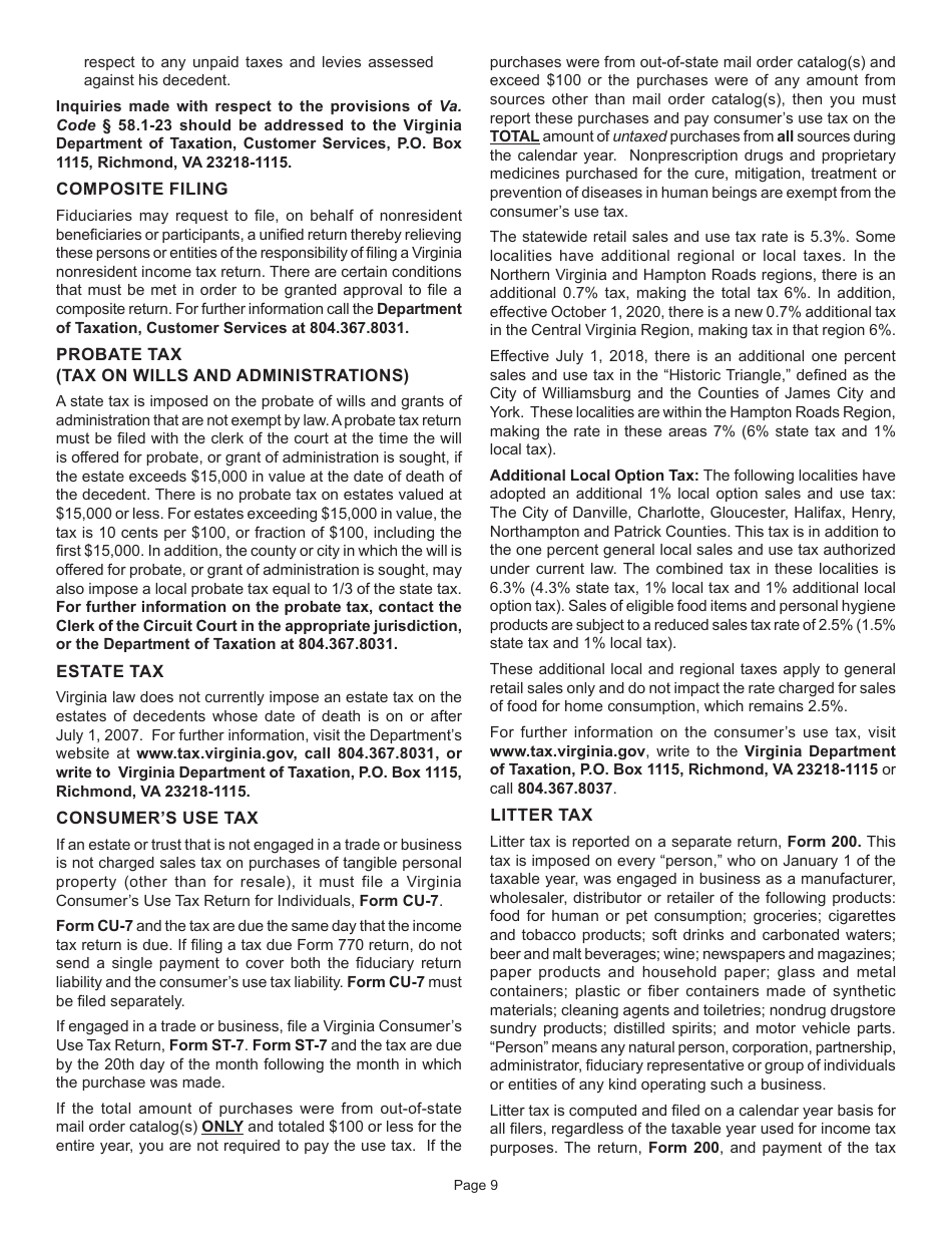 Instructions for Form 770 Virginia Fiduciary Income Tax Return - Virginia, Page 11