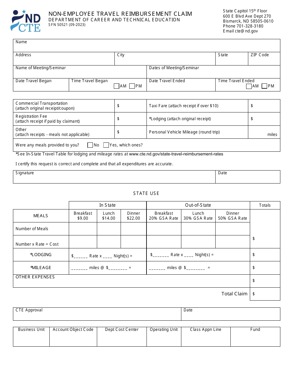 Form SFN50521 Non-employee Travel Reimbursement Claim - North Dakota, Page 1