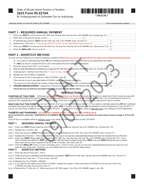 Form RI-2210A Ri Underpayment of Estimated Tax by Individuals - Draft - Rhode Island, 2023