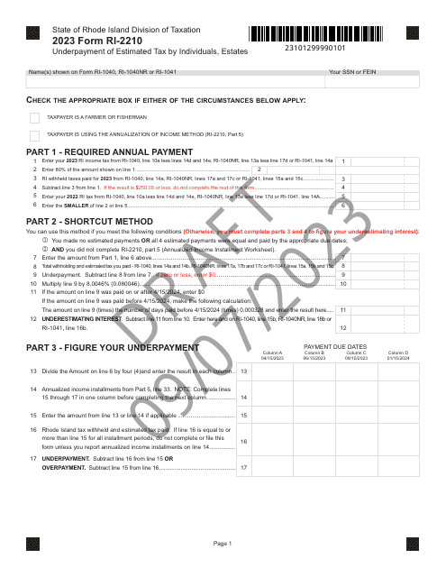 Form RI-2210 Underpayment of Estimated Tax by Individuals, Estates - Rhode Island, 2023