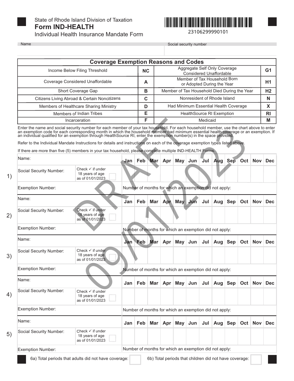 Form IND-HEALTH Individual Health Insurance Mandate Form - Draft - Rhode Island, Page 1