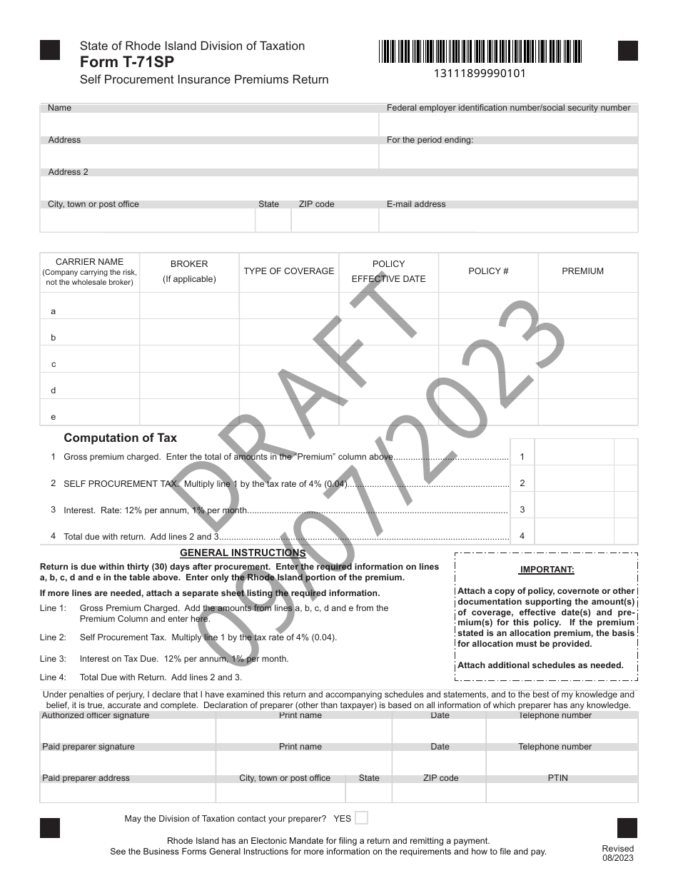Form T-71SP Self Procurement Insurance Premiums Return - Draft - Rhode Island, Page 1