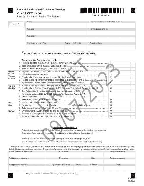 Form T-74 Banking Institution Excise Tax Return - Draft - Rhode Island, 2023