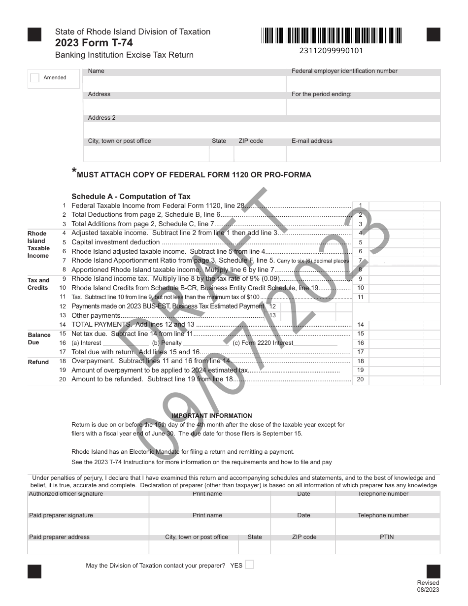 Form T-74 Banking Institution Excise Tax Return - Draft - Rhode Island, Page 1