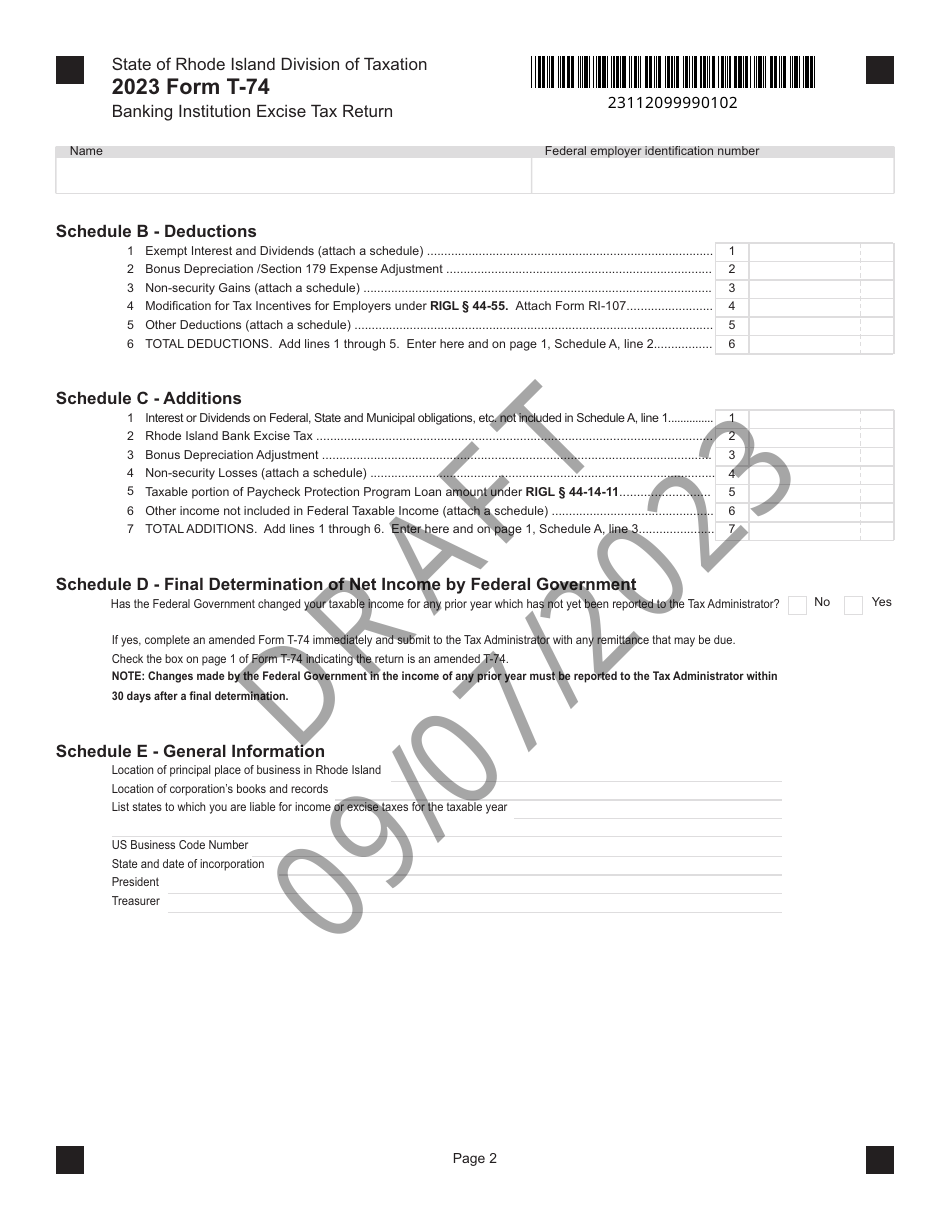 Form T-74 Banking Institution Excise Tax Return - Draft - Rhode Island, Page 2