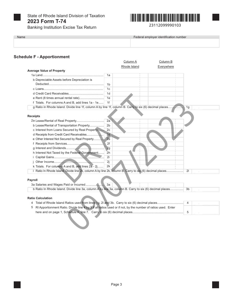 Form T-74 Banking Institution Excise Tax Return - Draft - Rhode Island, Page 3