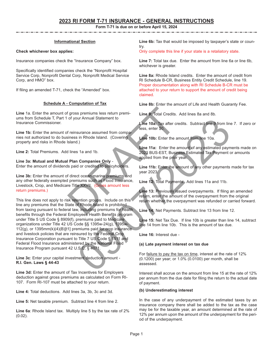 Download Instructions for Form T71 Insurance Companies Tax Return of