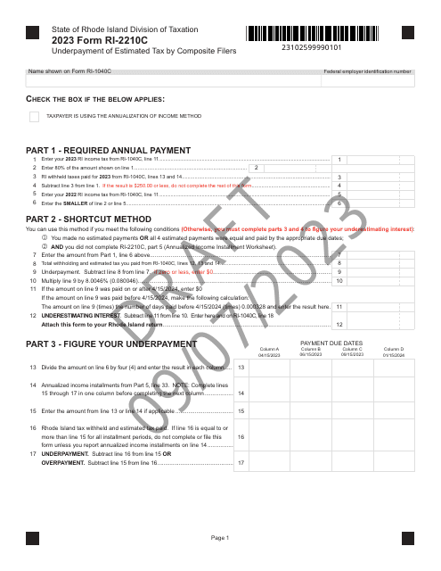 Form RI-2210C Underpayment of Estimated Tax by Composite Filers - Draft - Rhode Island, 2023