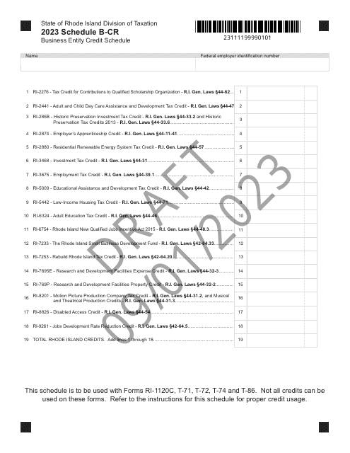 Schedule B-CR Business Entity Credit Schedule - Draft - Rhode Island, 2023