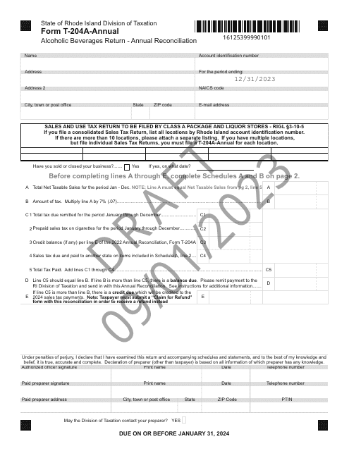Form T-204A-ANNUAL Alcoholic Beverages Return - Annual Reconciliation - Draft - Rhode Island, 2023
