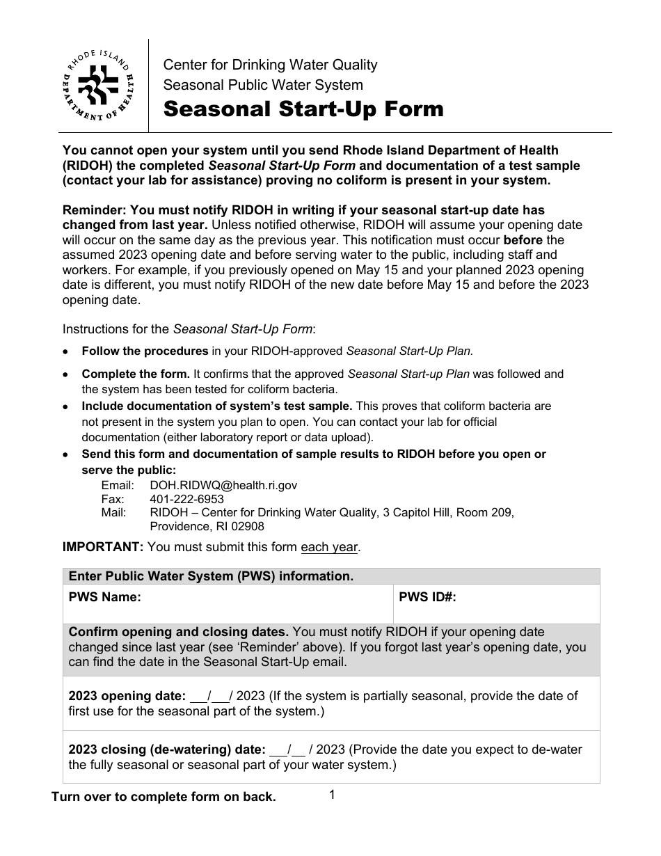 Seasonal Start-Up Form - Rhode Island, Page 1
