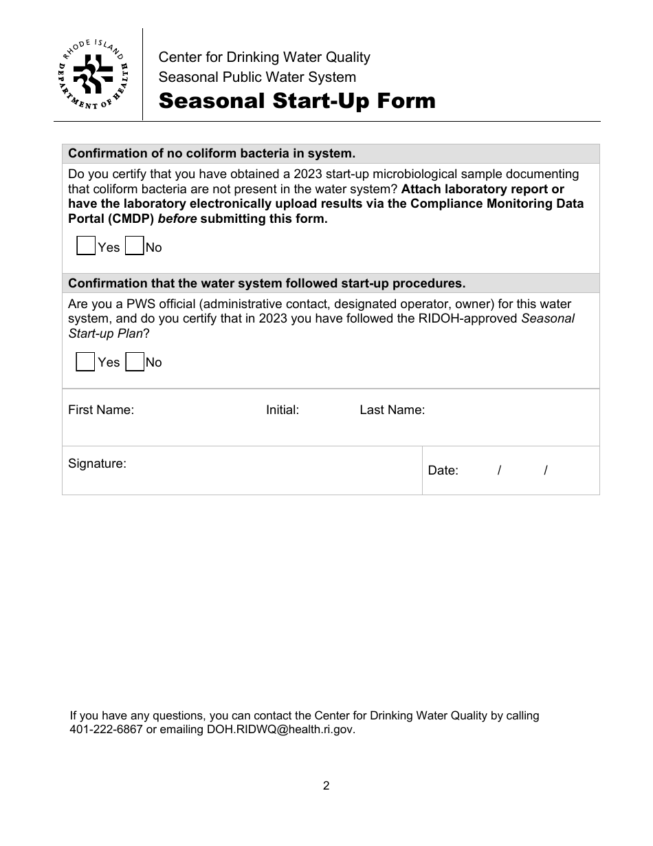Seasonal Start-Up Form - Rhode Island, Page 2