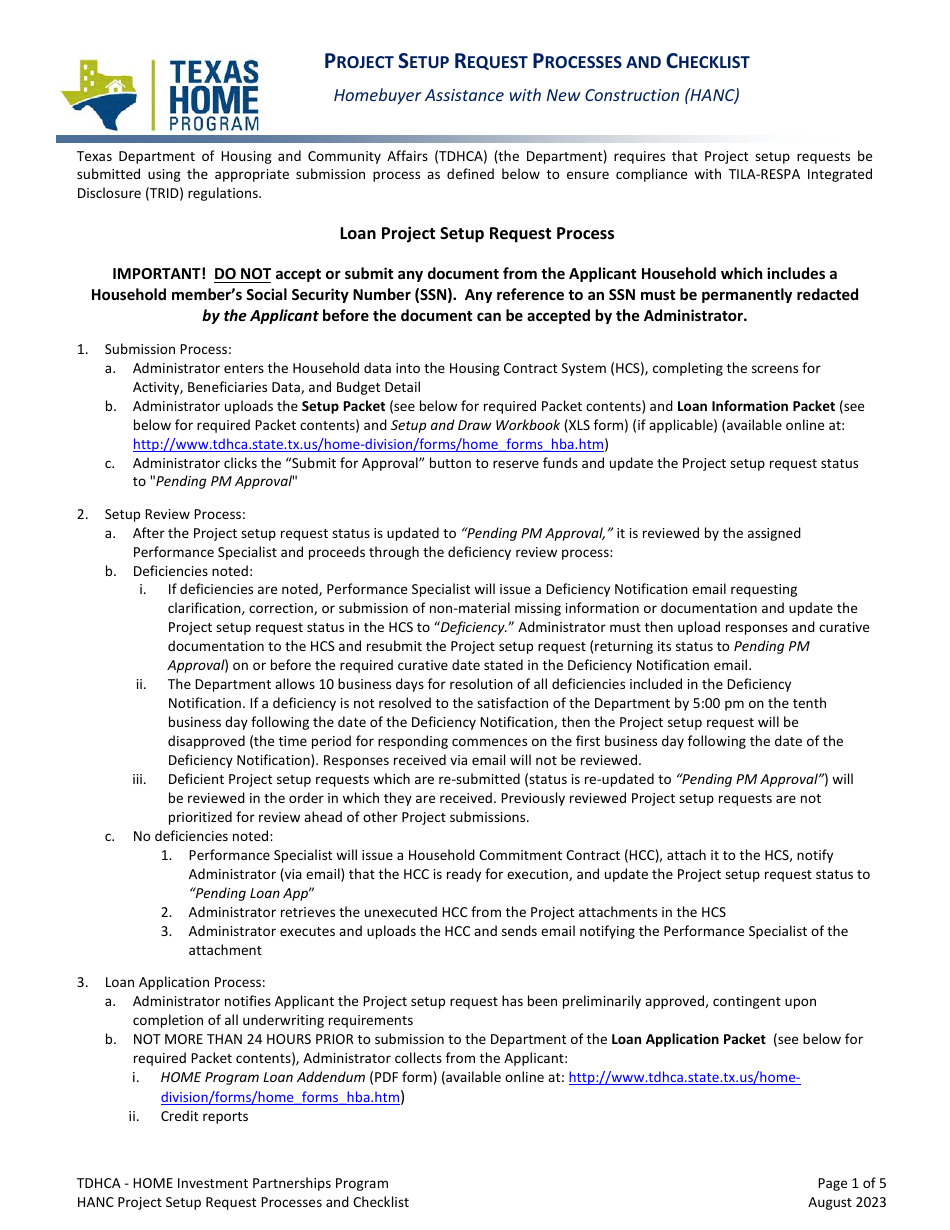 Project Setup Request Processes and Checklist - Homeowner Reconstruction Assistance (HRA) - Texas, Page 1