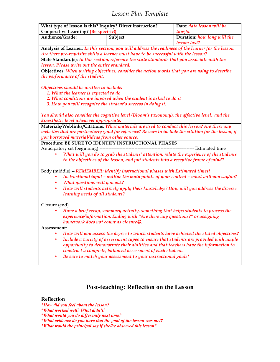 Lesson Plan Template - With Reflection
