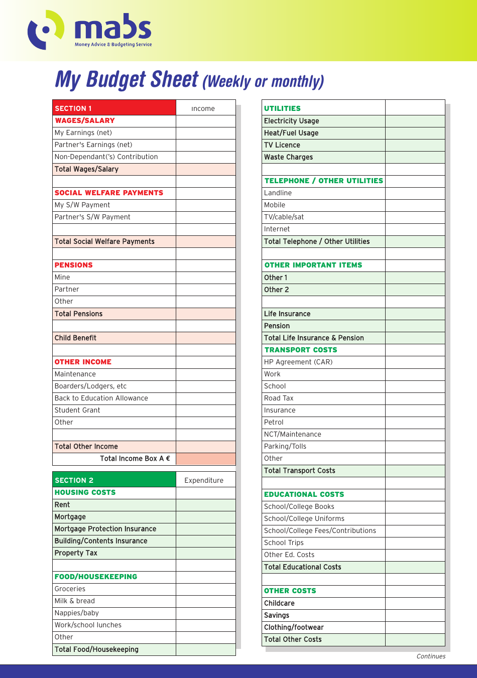 Budget Sheet Template (Euro), Page 1