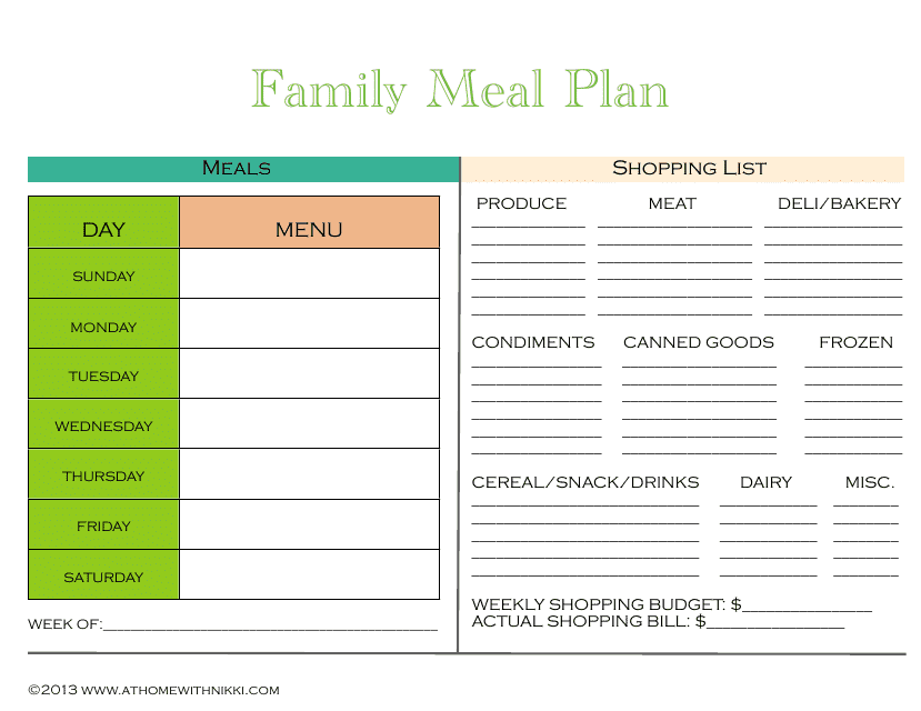 Family Meal Plan Template Download Pdf
