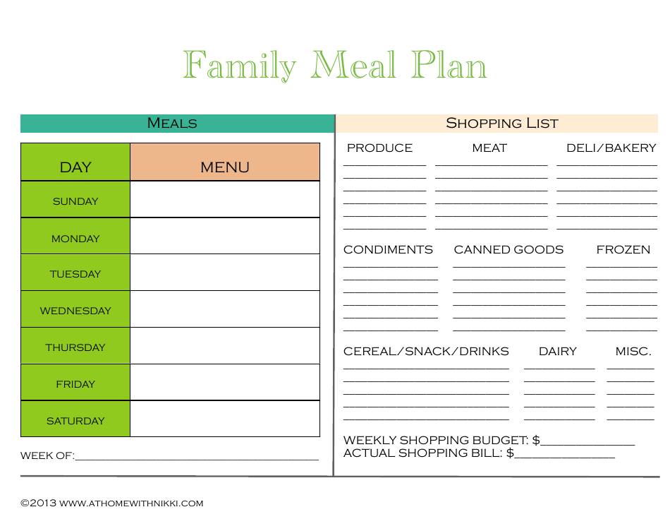 Family Meal Plan Template Download Printable PDF | Templateroller