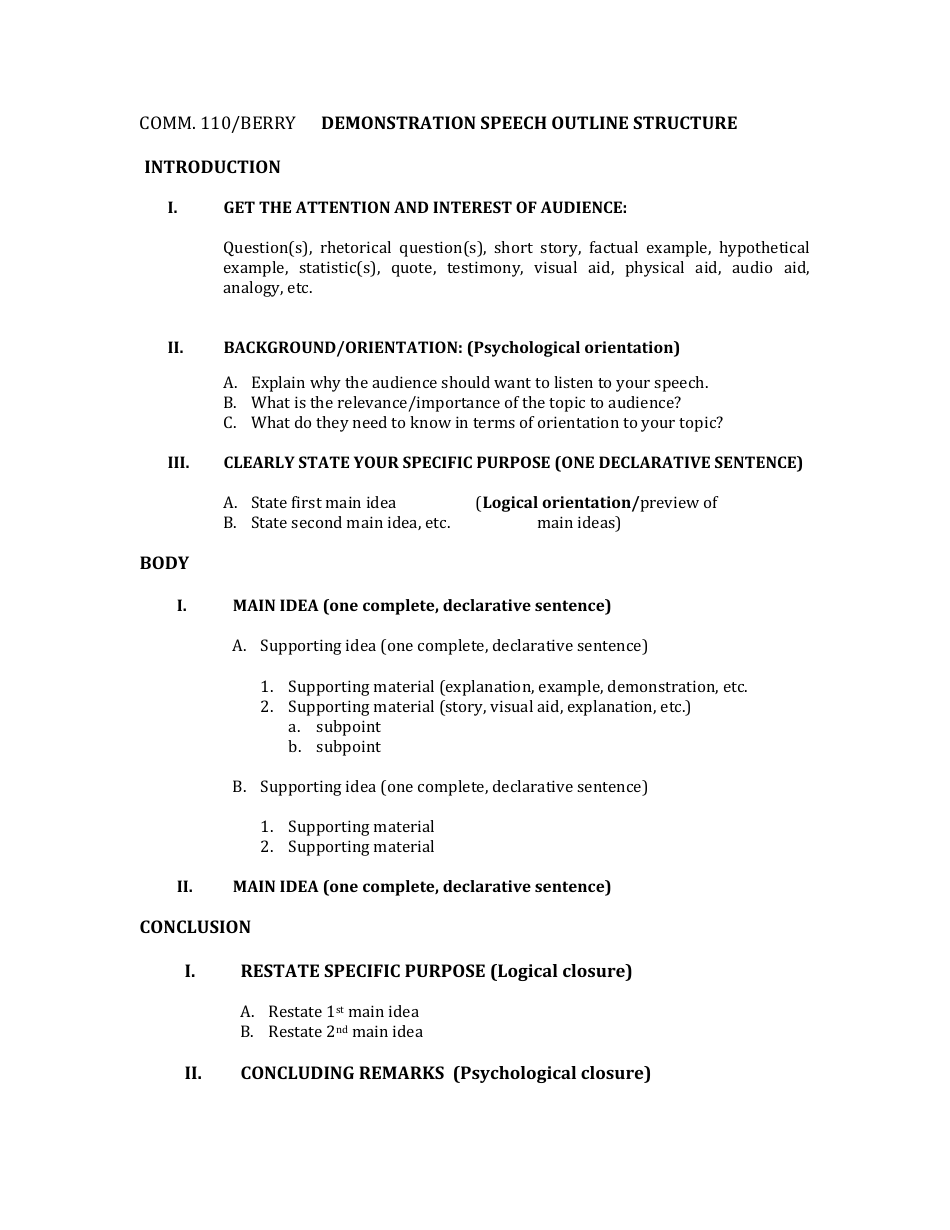 Demonstration Speech Outline Structure, Page 1