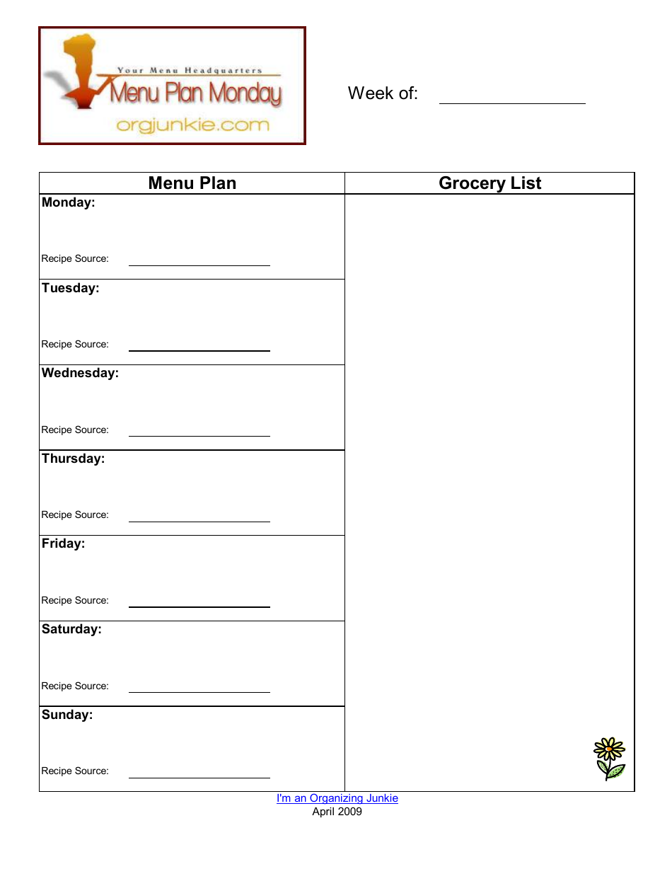 Weekly Menu Planner and Grocery List Template, Page 1