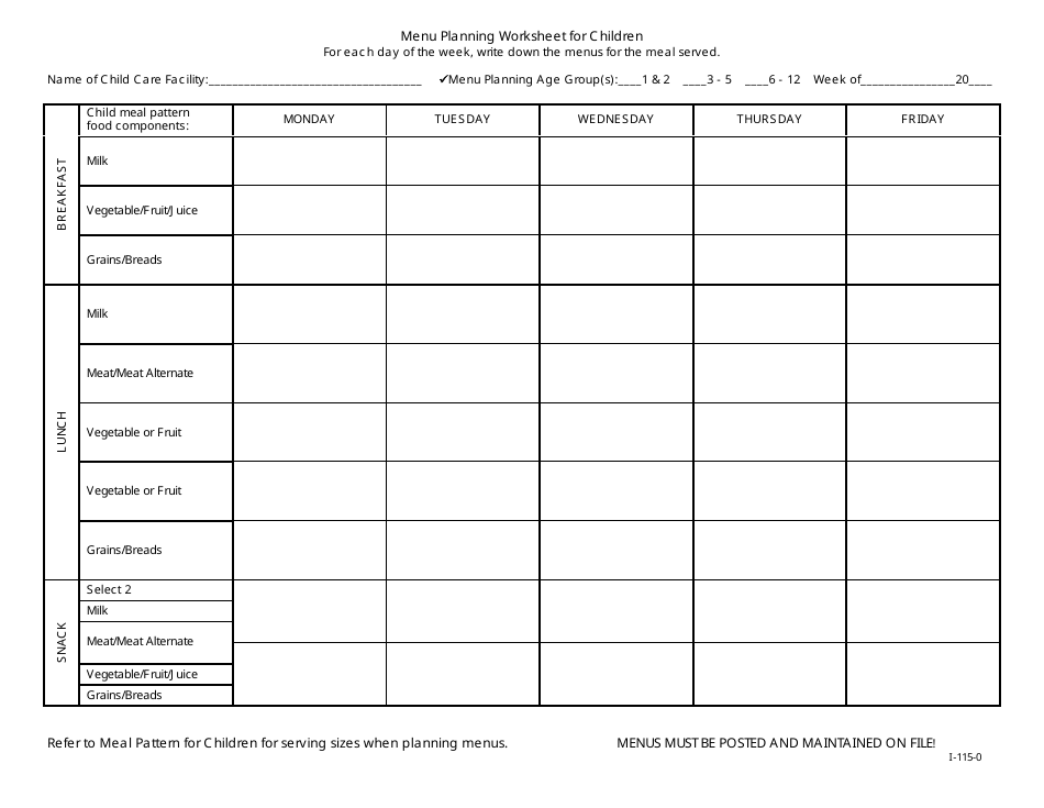 Form I-115-0 5 Day Menu Planning Worksheet for Children - Florida, Page 1