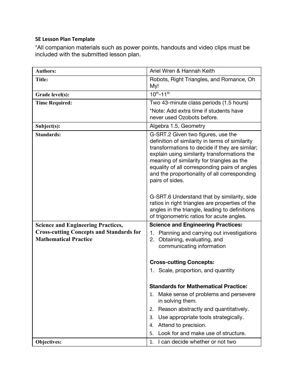 5e Lesson Plan Template Download Printable PDF Templateroller
