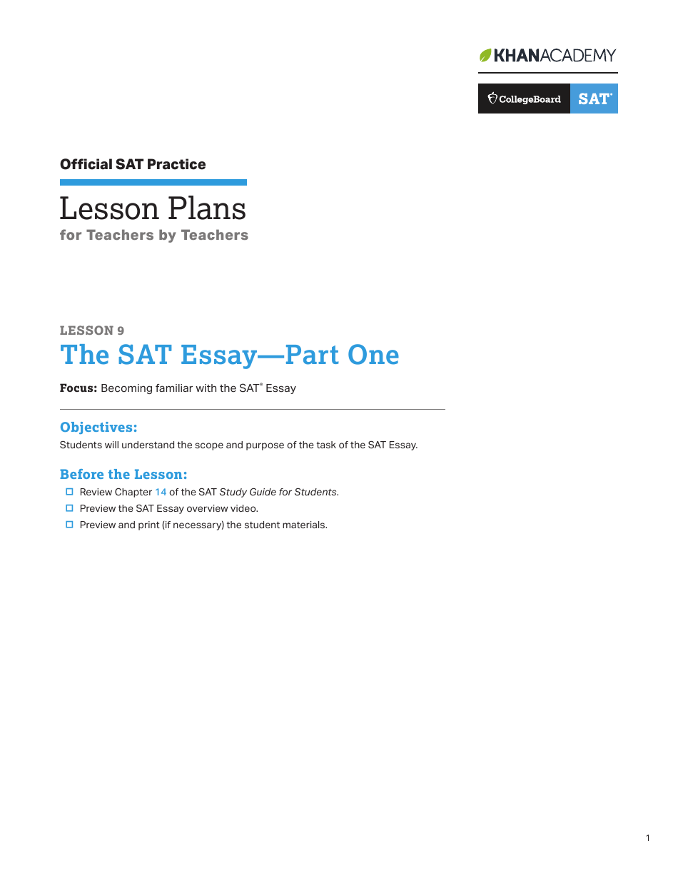 The Sat Essay Lesson Plan Template - Part One, Page 1