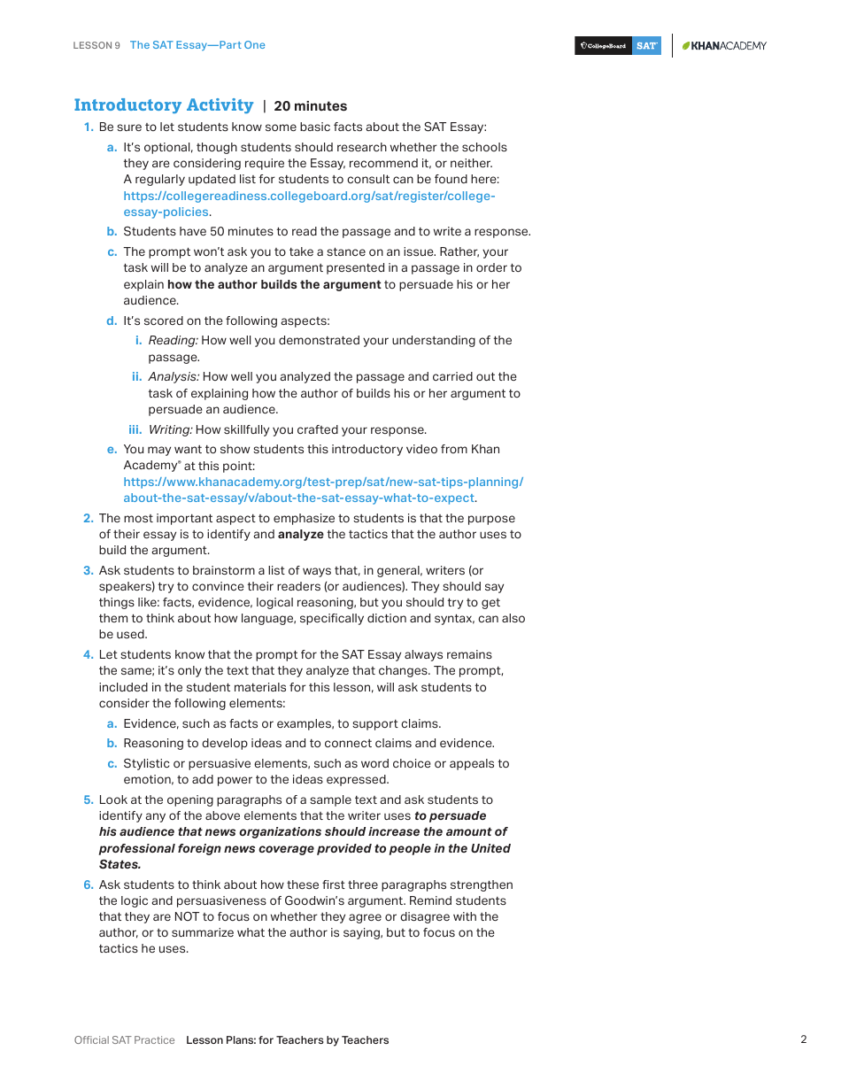 The Sat Essay Lesson Plan Template - Part One, Page 2