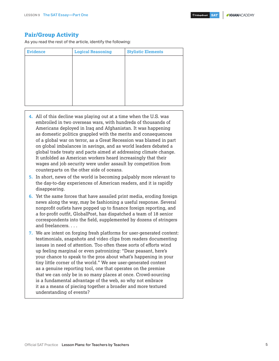 The Sat Essay Lesson Plan Template - Part One, Page 5