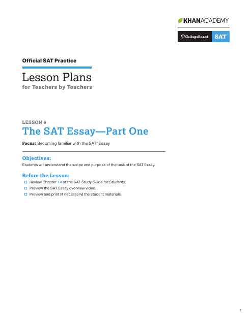 The Sat Essay Lesson Plan Template - Part One Download Pdf