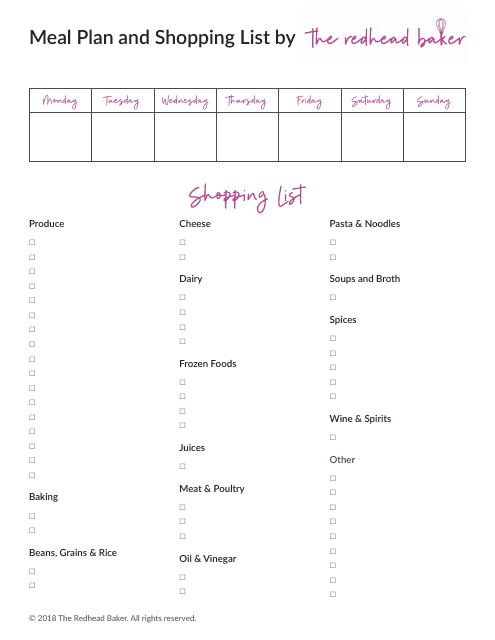 Meal Plan and Shopping List Template Download Pdf