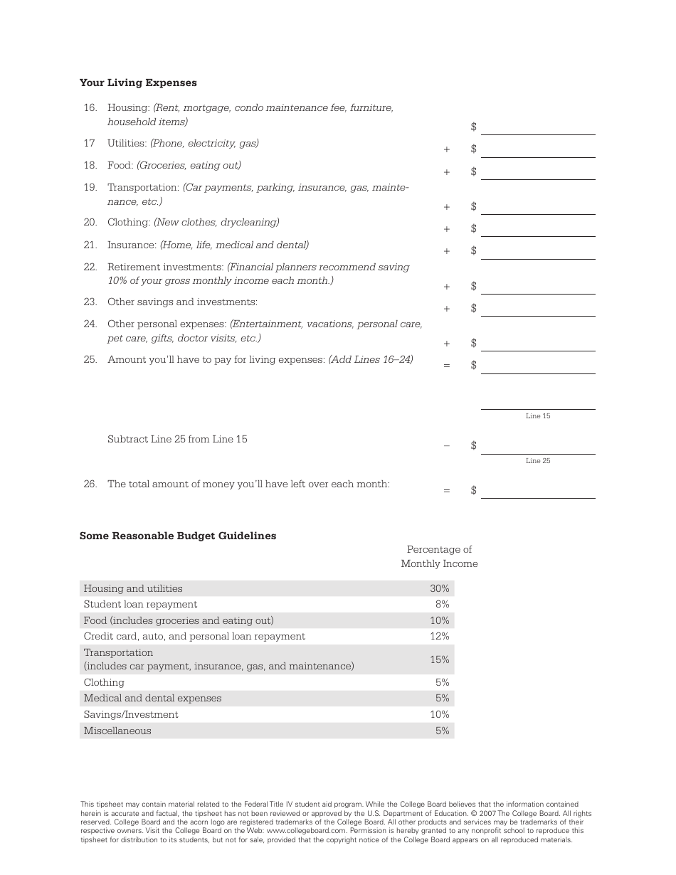 Budget Worksheet for Graduates - the College Board, Page 2