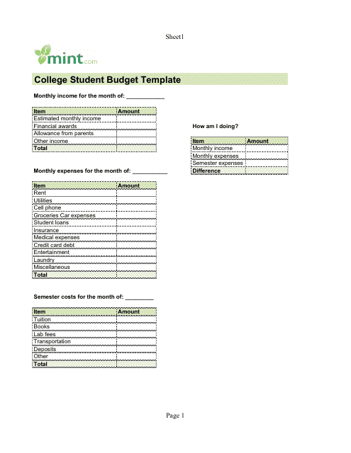 College Student Budget Template - Green