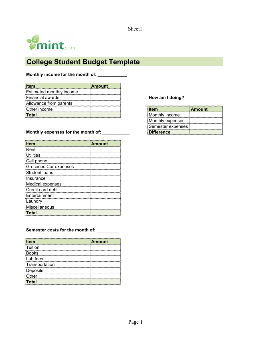 College Student Budget Template - Green, Page 1