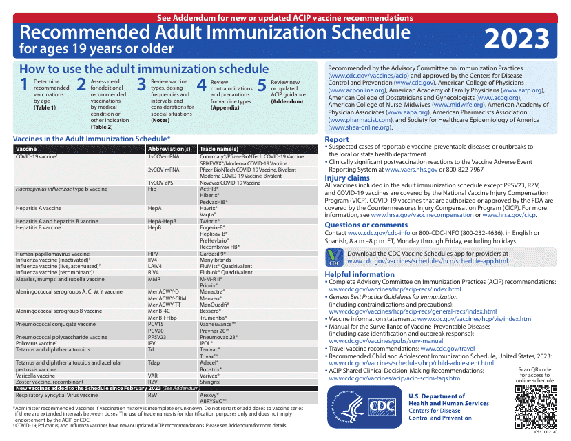 Form CS310021-C Recommended Adult Immunization Schedule for Ages 19 Years or Older - Color, 2023