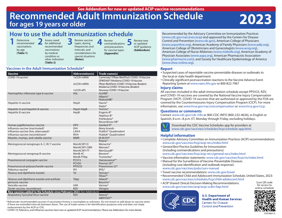 Form CS310021-C Recommended Adult Immunization Schedule for Ages 19 Years or Older - Color, Page 1