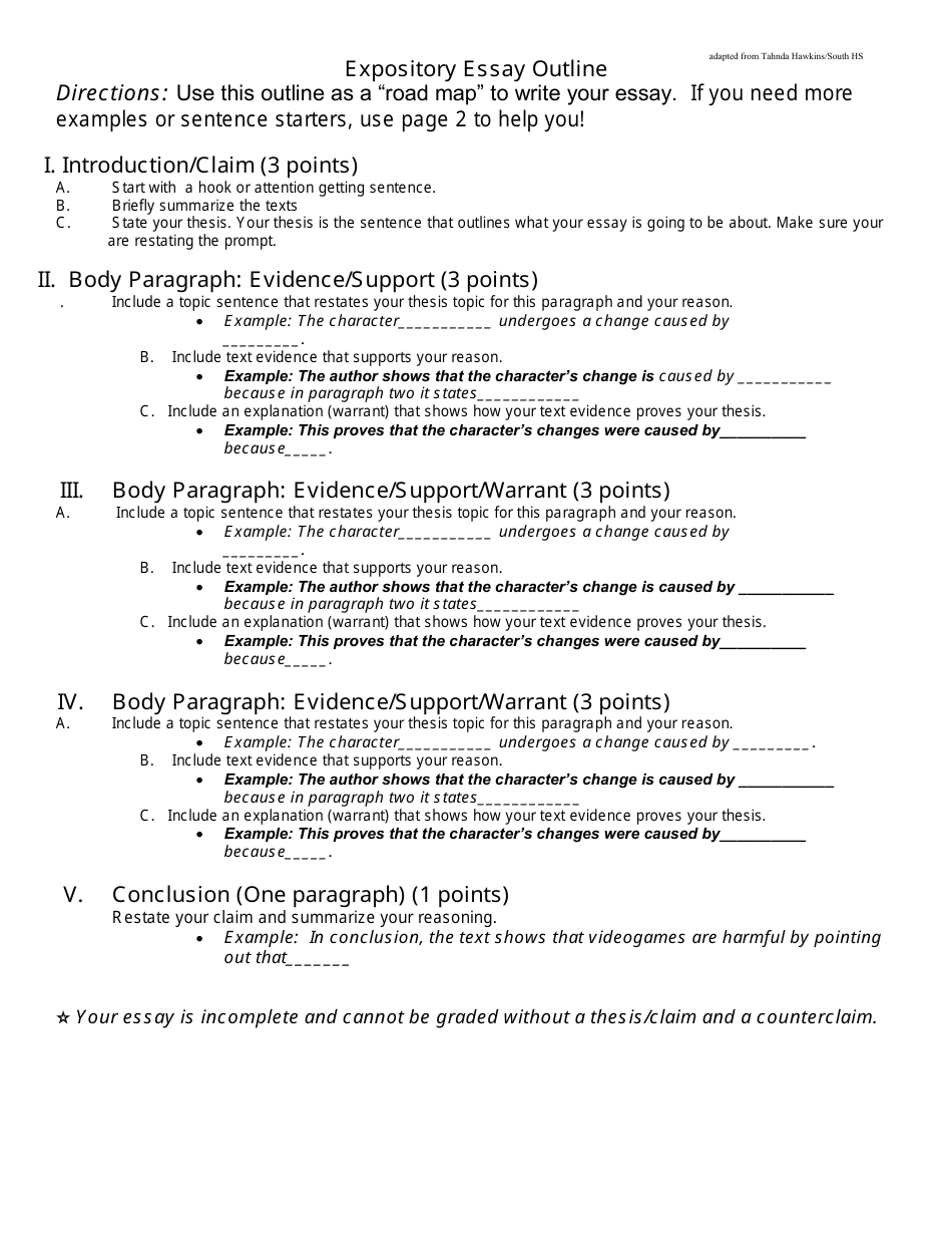 Expository Essay Outline Template - With Total Points Download 