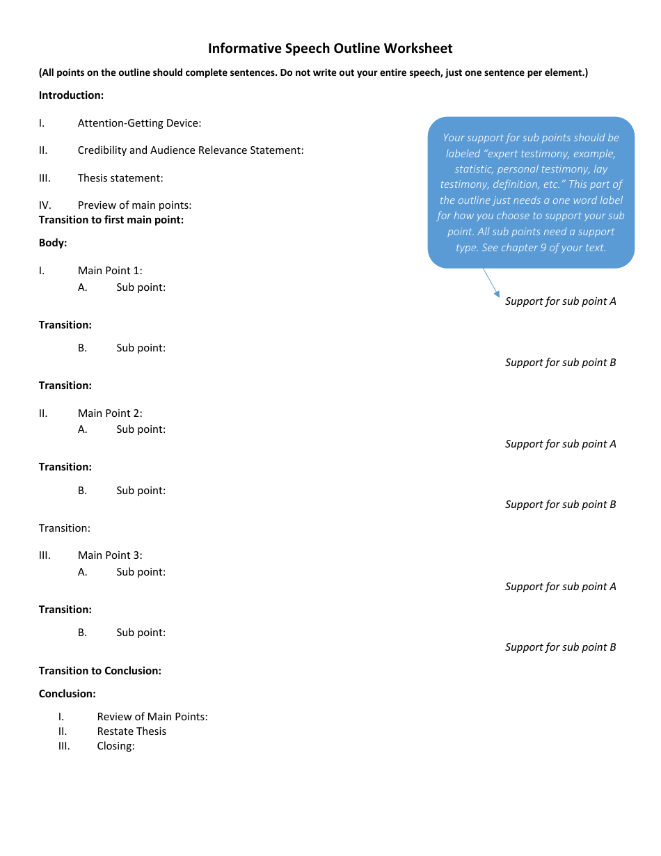 Informative Speech Outline Worksheet Download Printable Pdf Templateroller 5548