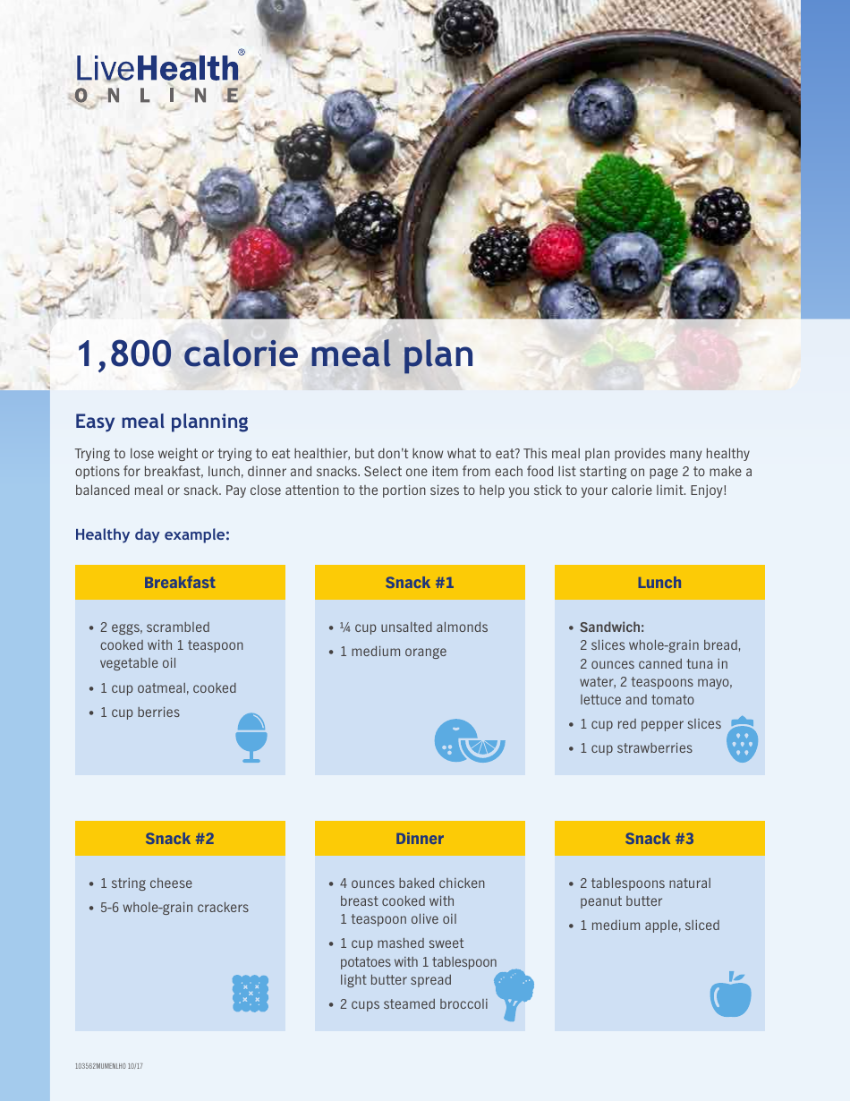 1,800 Calorie Meal Plan Download Printable PDF | Templateroller