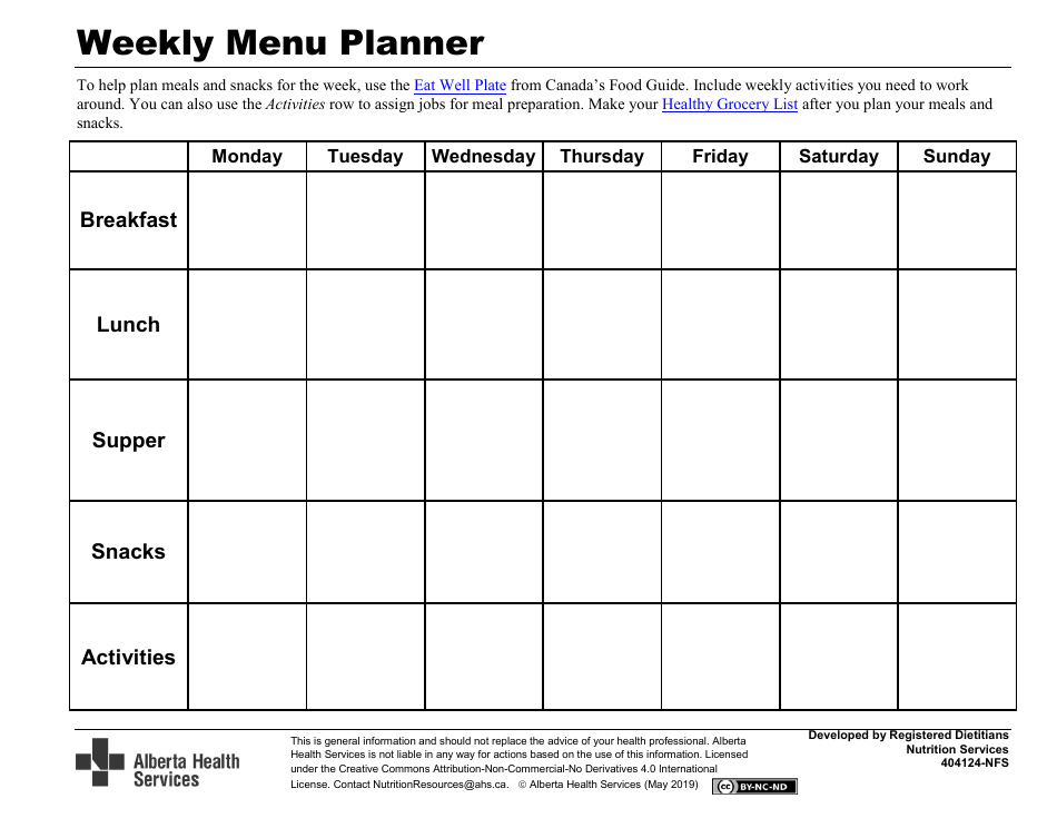 Weekly Menu Planner - Alberta, Canada, Page 1