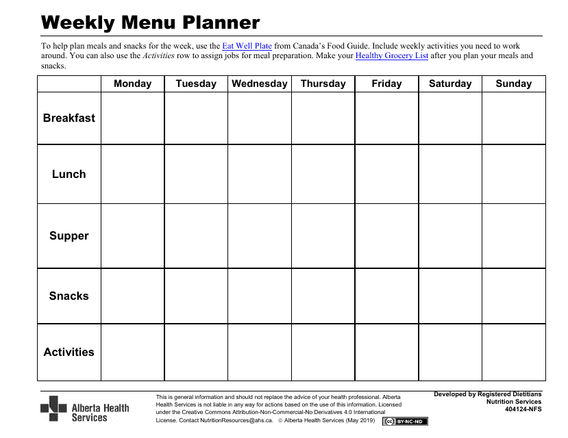 Weekly Menu Planner - Alberta, Canada Download Pdf