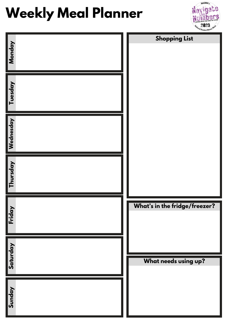 Weekly Meal Planner and Shopping List Template - Navigate the Numbers, Page 1