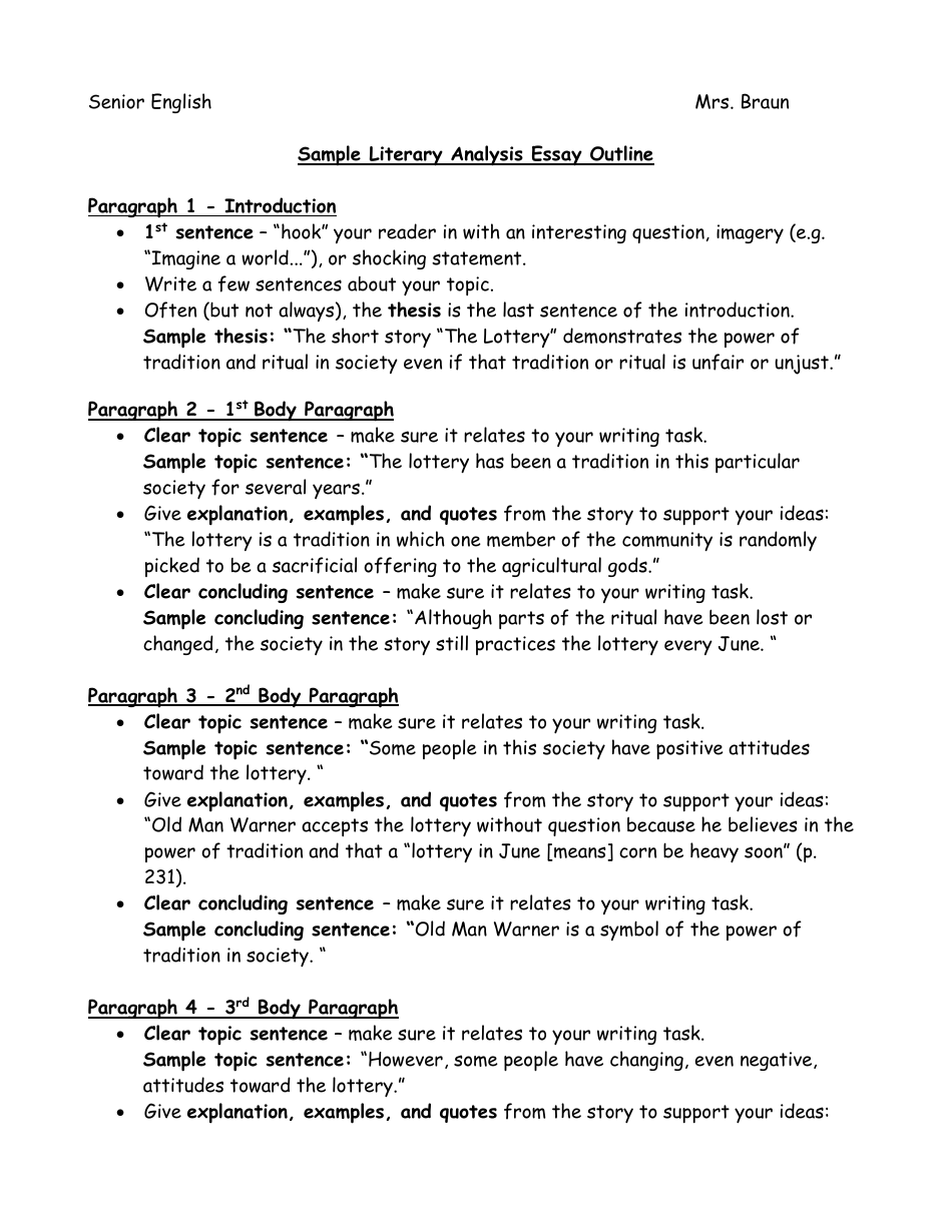 Sample Literary Analysis Essay Outline, Page 1