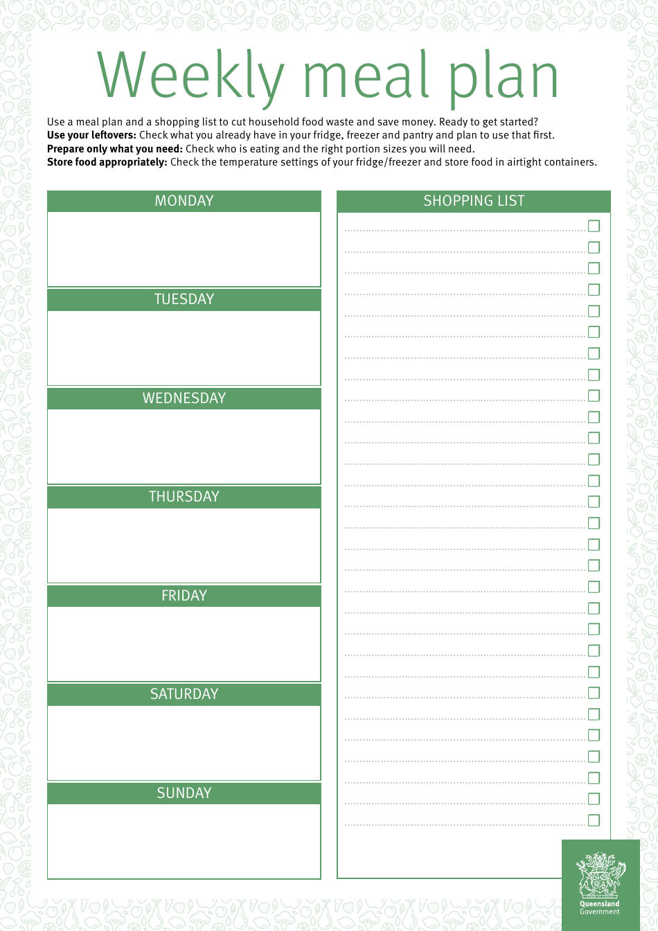 Weekly Meal Plan Template - Queensland, Australia, Page 1