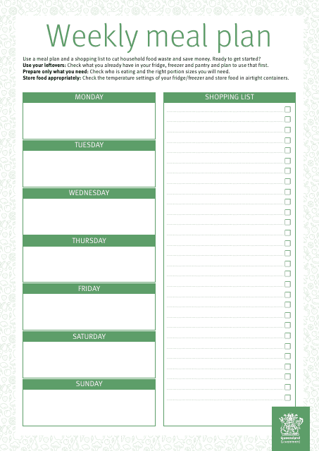 Queensland Australia Weekly Meal Plan Template - Fill Out, Sign Online ...