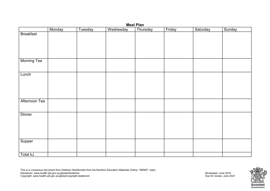 Queensland Australia Meal Plan - Fill Out, Sign Online and Download PDF ...