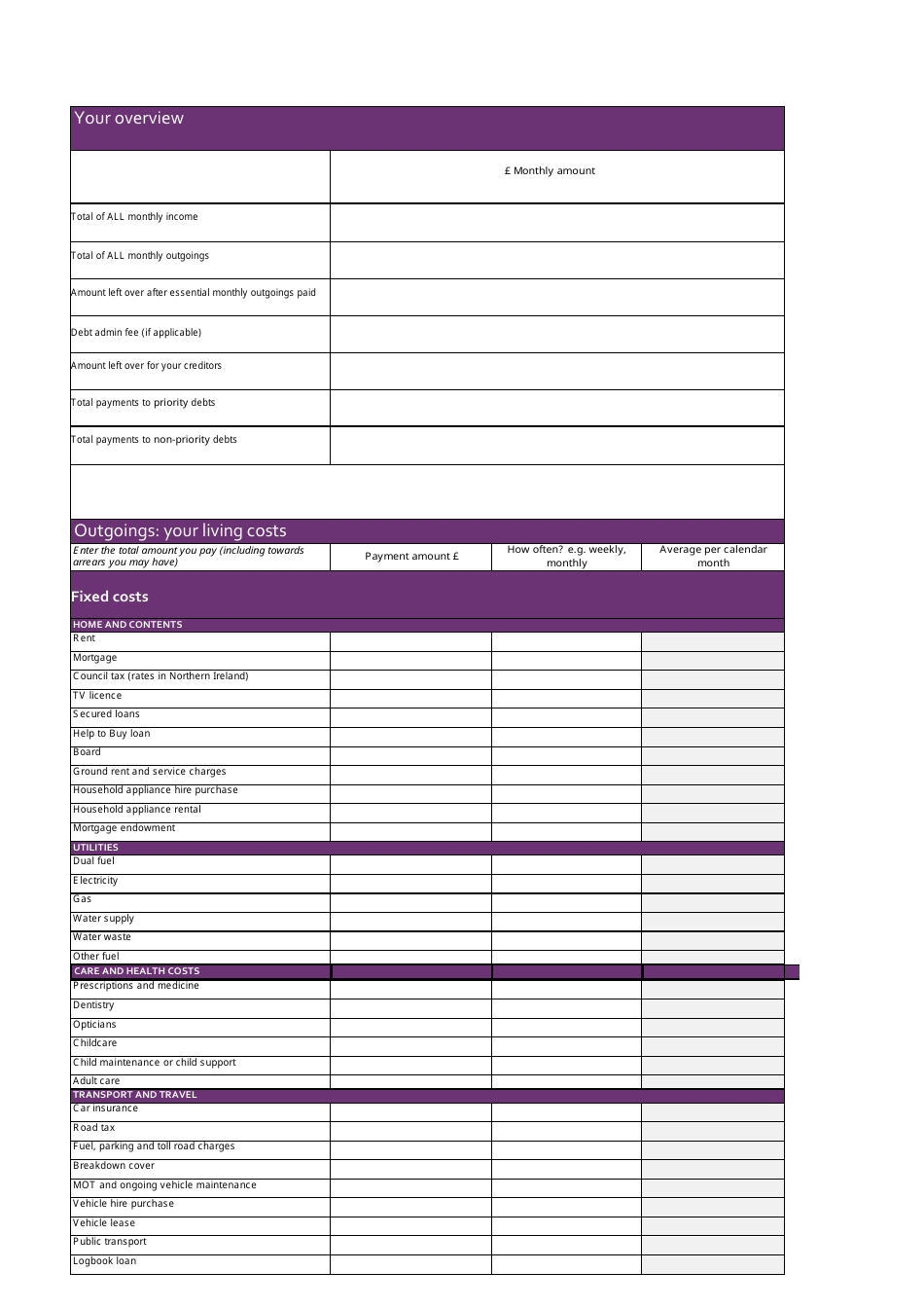 Monthly Budget Planner Template (British Pounds) - Violet, Page 1