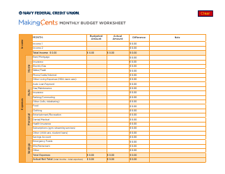 Document preview: Monthly Budget Worksheet - Navy Federal Credit Union
