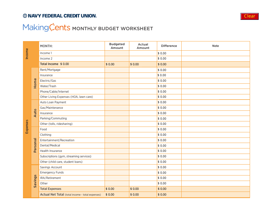 Monthly Budget Worksheet - Navy Federal Credit Union, Page 1