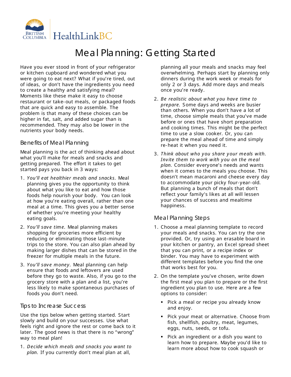 Weekday Meal Planning Template - British Columbia, Canada, Page 1
